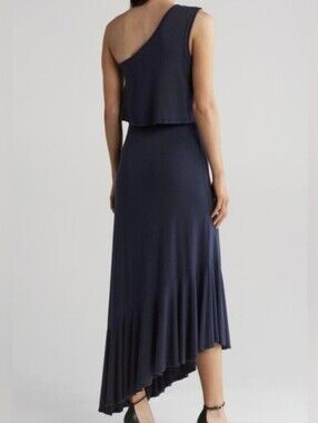 Go Couture One-Shoulder Navy Blue Ruffle-Hem Dress
